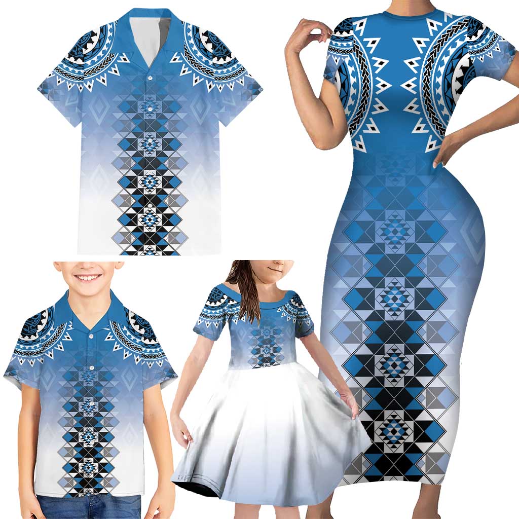 New Zealand Family Matching Short Sleeve Bodycon Dress and Hawaiian Shirt Poutama Mix Blue Taniko Inspired Art LT05 - Polynesian Pride