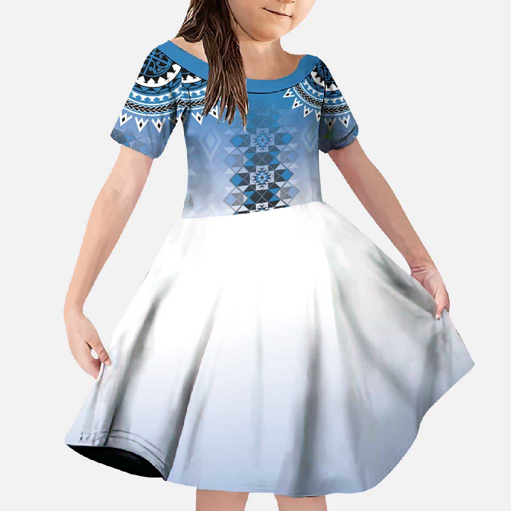 New Zealand Family Matching Summer Maxi Dress and Hawaiian Shirt Poutama Mix Blue Taniko Inspired Art LT05 Daughter's Dress Blue - Polynesian Pride