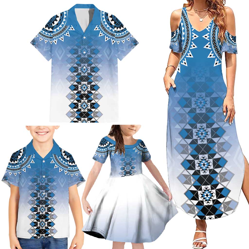 New Zealand Family Matching Summer Maxi Dress and Hawaiian Shirt Poutama Mix Blue Taniko Inspired Art LT05 - Polynesian Pride