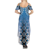 New Zealand Family Matching Summer Maxi Dress and Hawaiian Shirt Poutama Mix Blue Taniko Inspired Art LT05 - Polynesian Pride