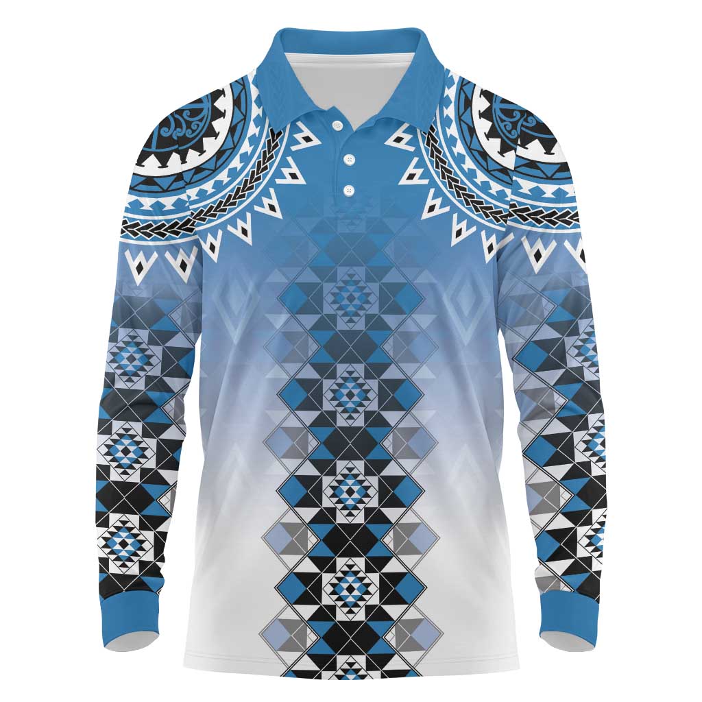 New Zealand Long Sleeve Polo Shirt Poutama Mix Blue Taniko Inspired Art LT05