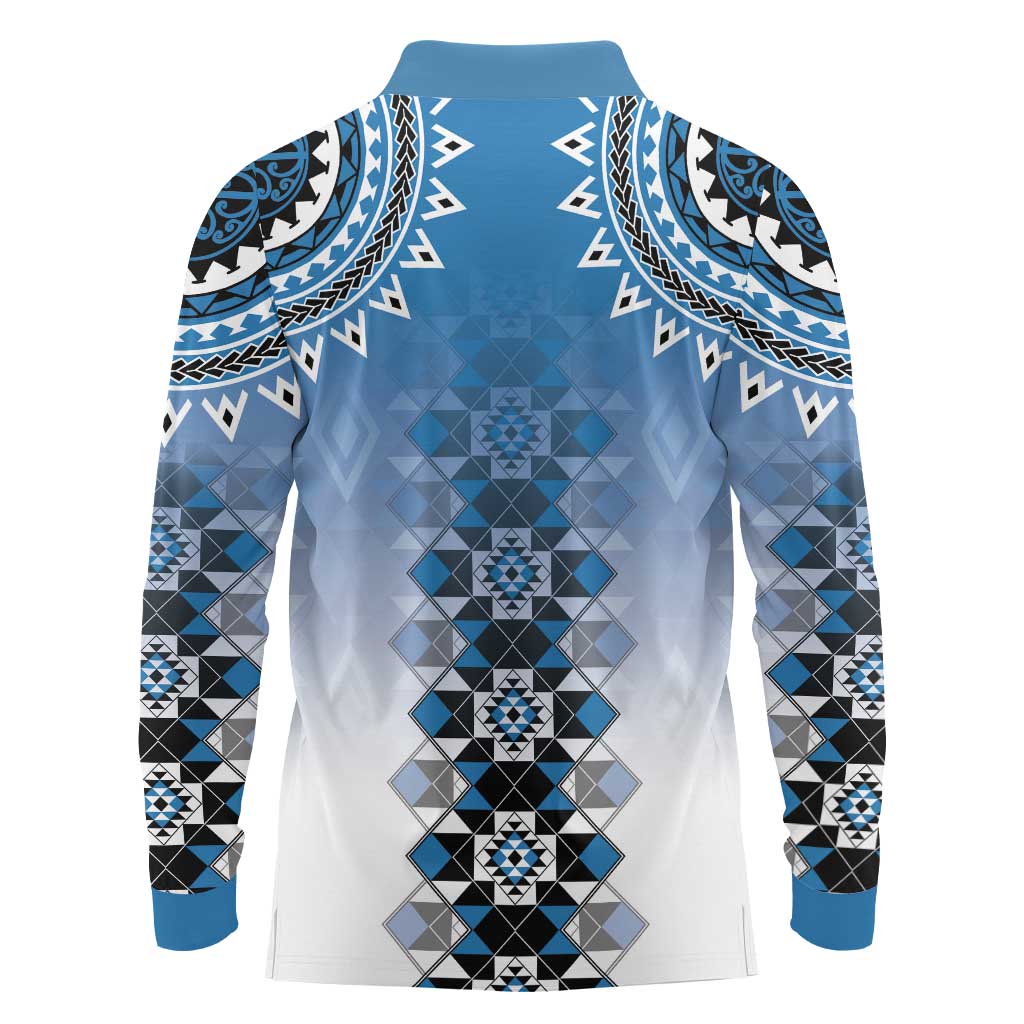 New Zealand Long Sleeve Polo Shirt Poutama Mix Blue Taniko Inspired Art LT05