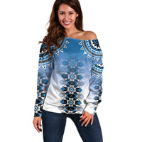 New Zealand Off Shoulder Sweater Poutama Mix Blue Taniko Inspired Art LT05 Women Blue - Polynesian Pride