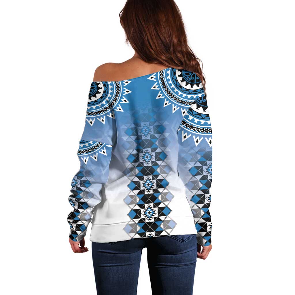 New Zealand Off Shoulder Sweater Poutama Mix Blue Taniko Inspired Art LT05 - Polynesian Pride