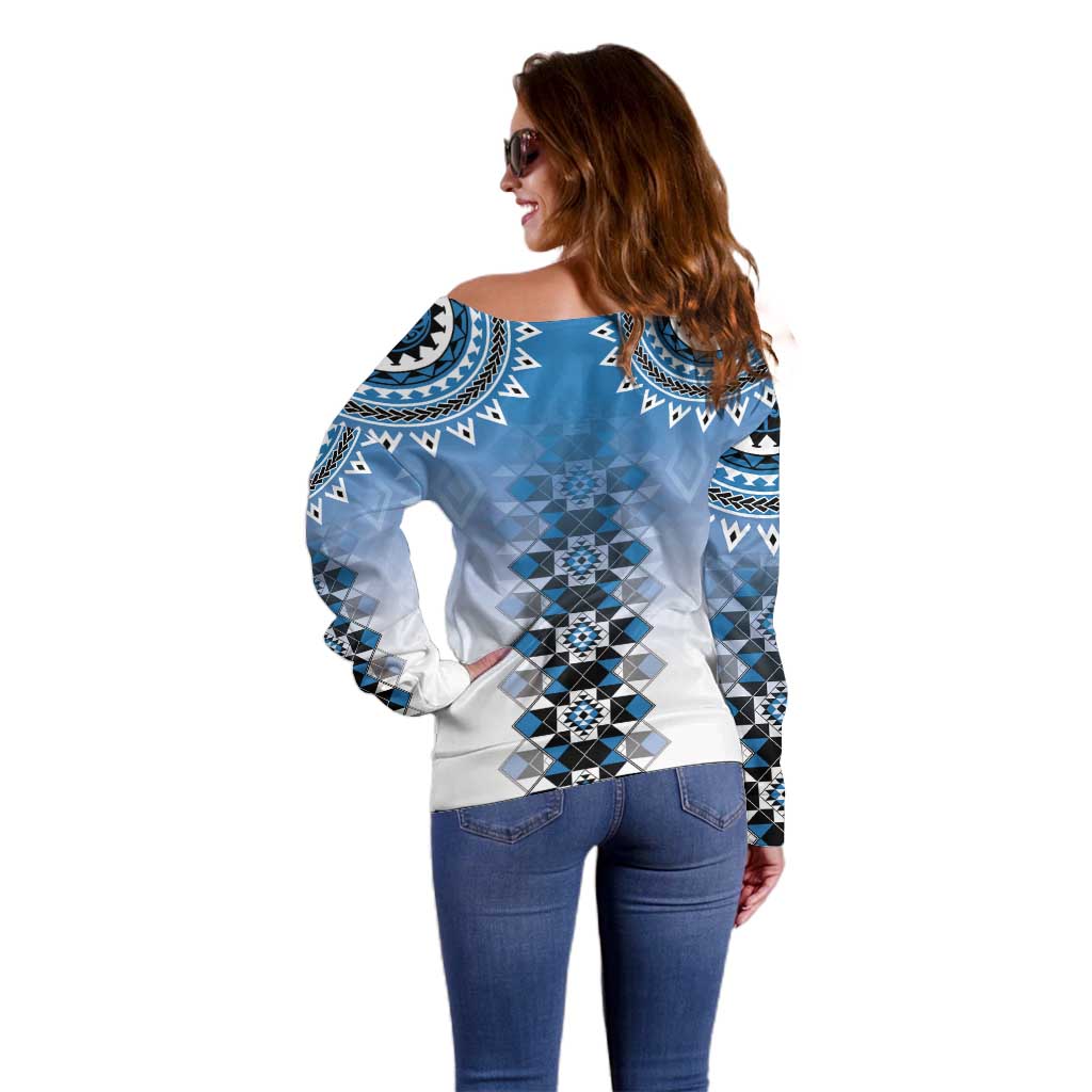 New Zealand Off Shoulder Sweater Poutama Mix Blue Taniko Inspired Art LT05 - Polynesian Pride