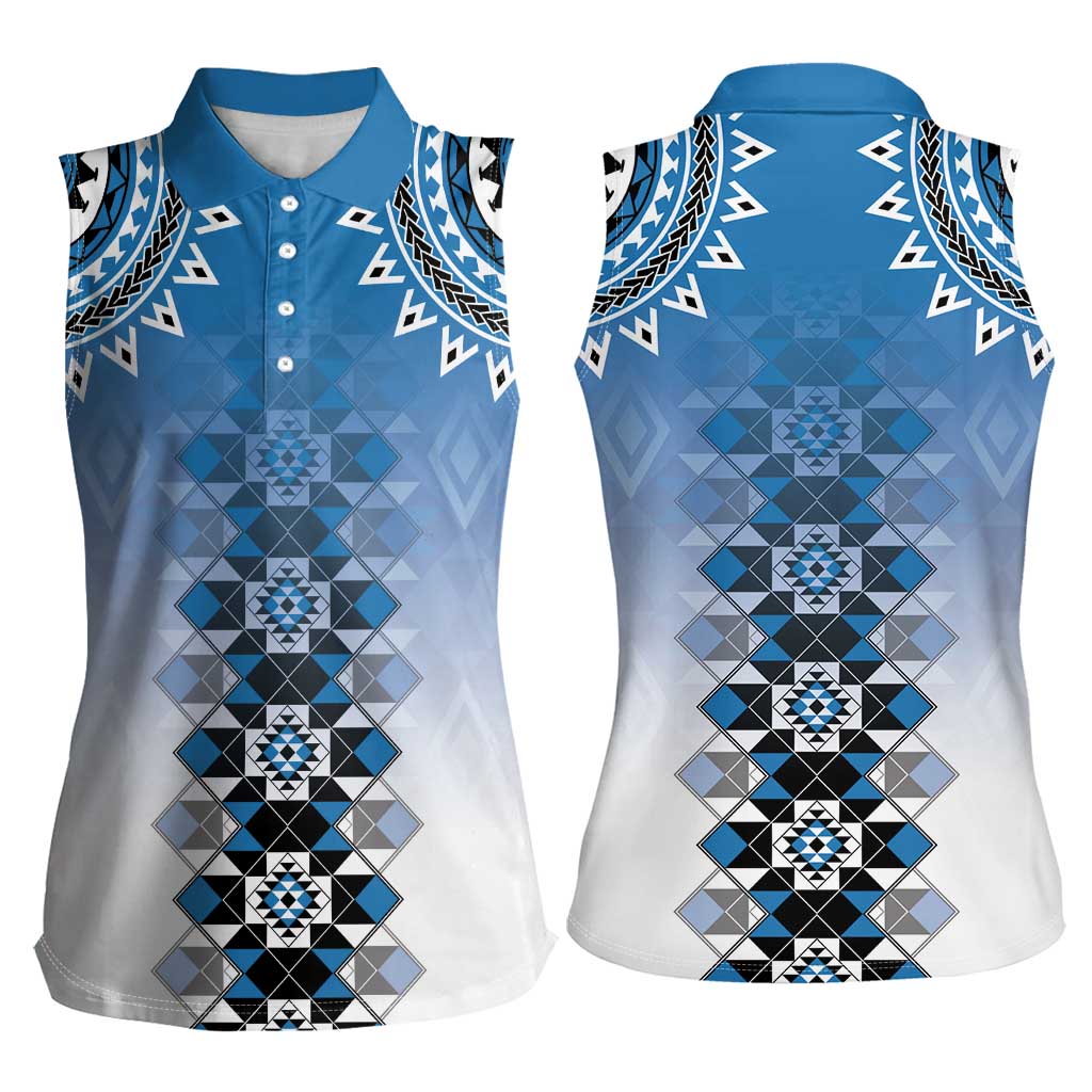 New Zealand Women Sleeveless Polo Shirt Poutama Mix Blue Taniko Inspired Art LT05