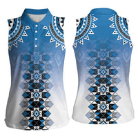 New Zealand Women Sleeveless Polo Shirt Poutama Mix Blue Taniko Inspired Art LT05