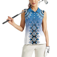 New Zealand Women Sleeveless Polo Shirt Poutama Mix Blue Taniko Inspired Art LT05