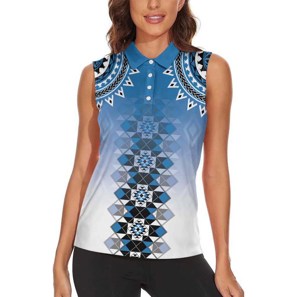 New Zealand Women Sleeveless Polo Shirt Poutama Mix Blue Taniko Inspired Art LT05