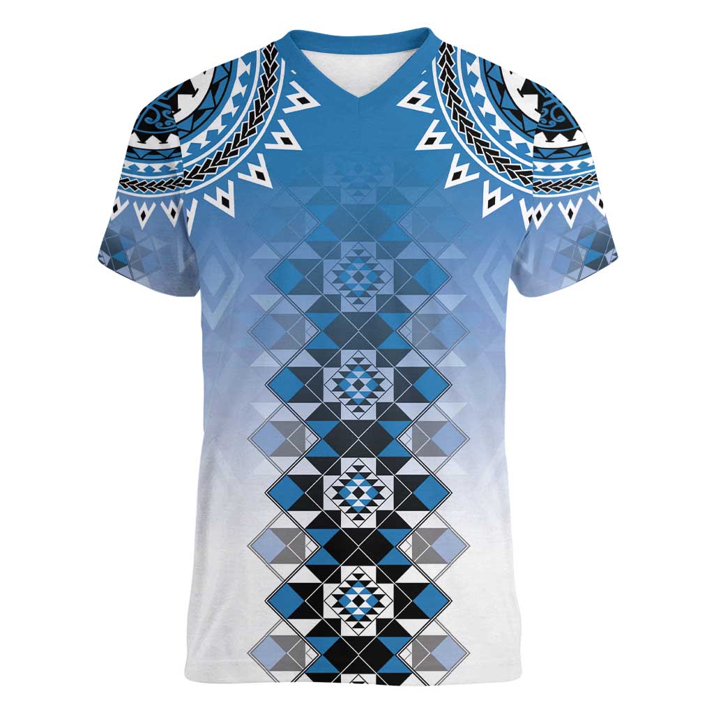 New Zealand Women V-Neck T-Shirt Poutama Mix Blue Taniko Inspired Art LT05