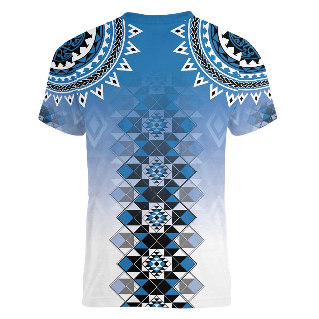 New Zealand Women V-Neck T-Shirt Poutama Mix Blue Taniko Inspired Art LT05
