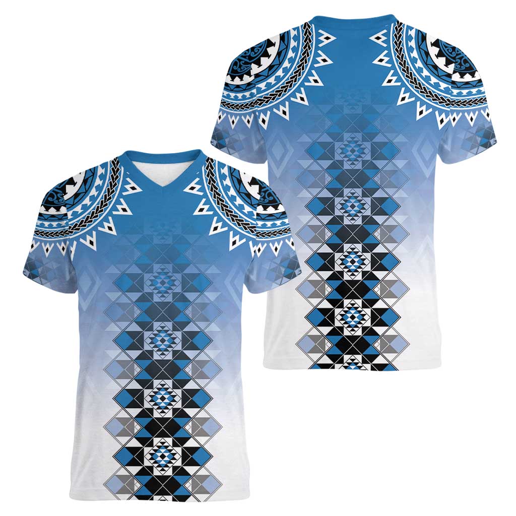 New Zealand Women V-Neck T-Shirt Poutama Mix Blue Taniko Inspired Art LT05