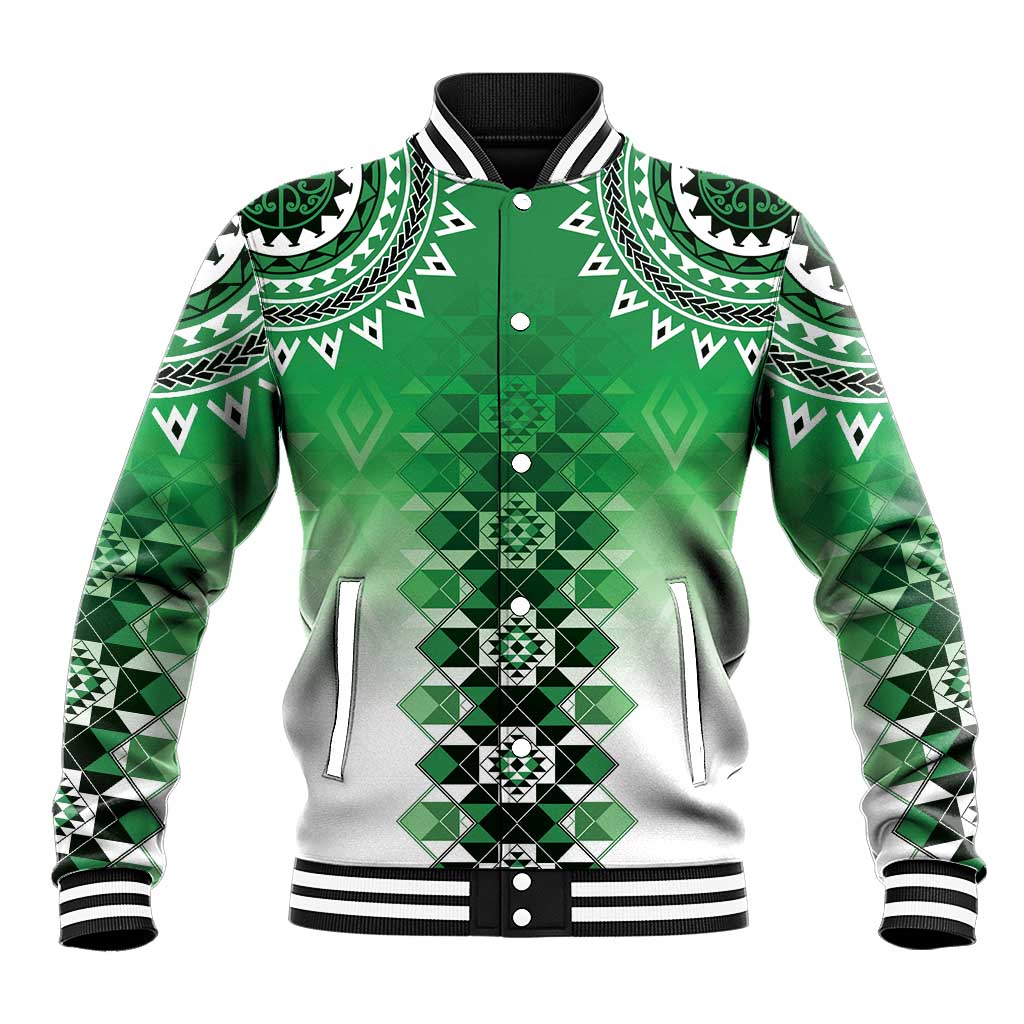 New Zealand Baseball Jacket Poutama Mix Green Taniko Inspired Art LT05