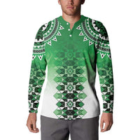 New Zealand Button Sweatshirt Poutama Mix Green Taniko Inspired Art LT05