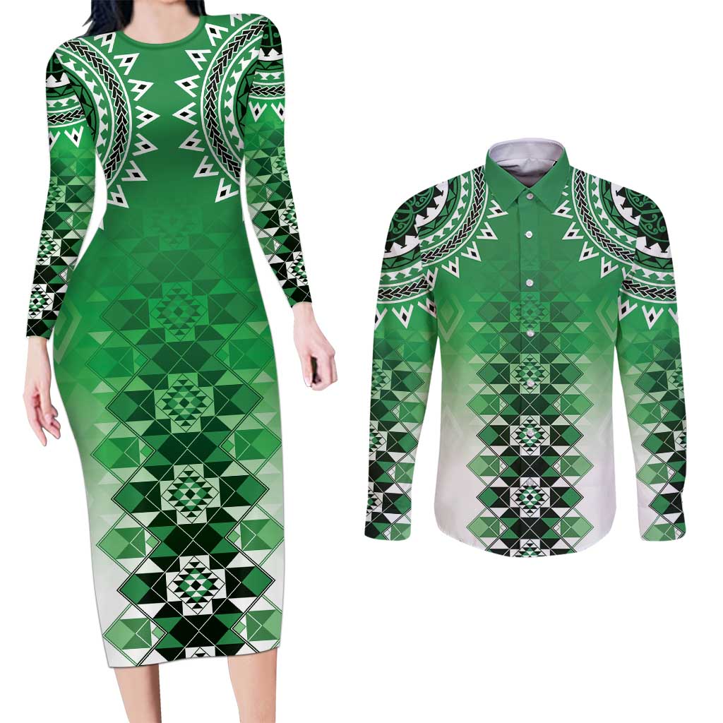 New Zealand Couples Matching Long Sleeve Bodycon Dress and Long Sleeve Button Shirt Poutama Mix Green Taniko Inspired Art LT05 Green - Polynesian Pride
