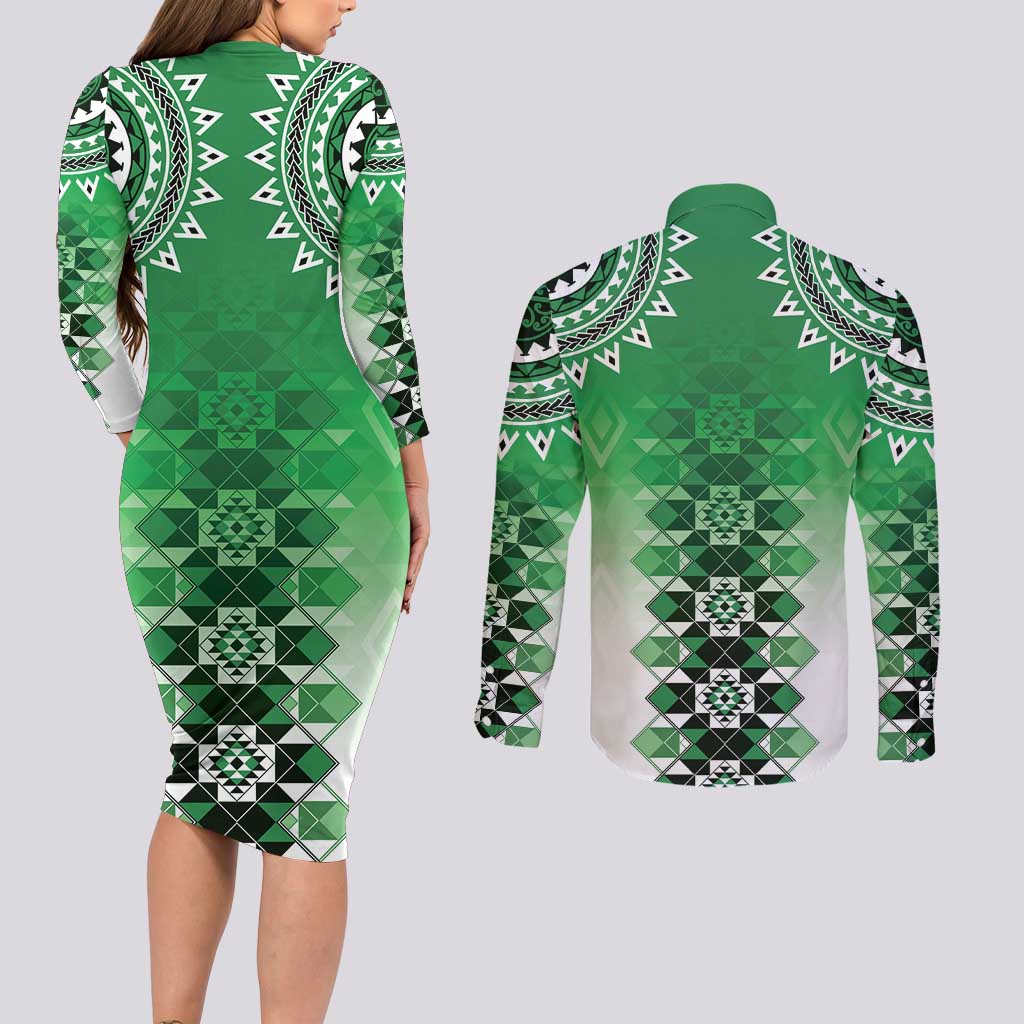 New Zealand Couples Matching Long Sleeve Bodycon Dress and Long Sleeve Button Shirt Poutama Mix Green Taniko Inspired Art LT05 - Polynesian Pride