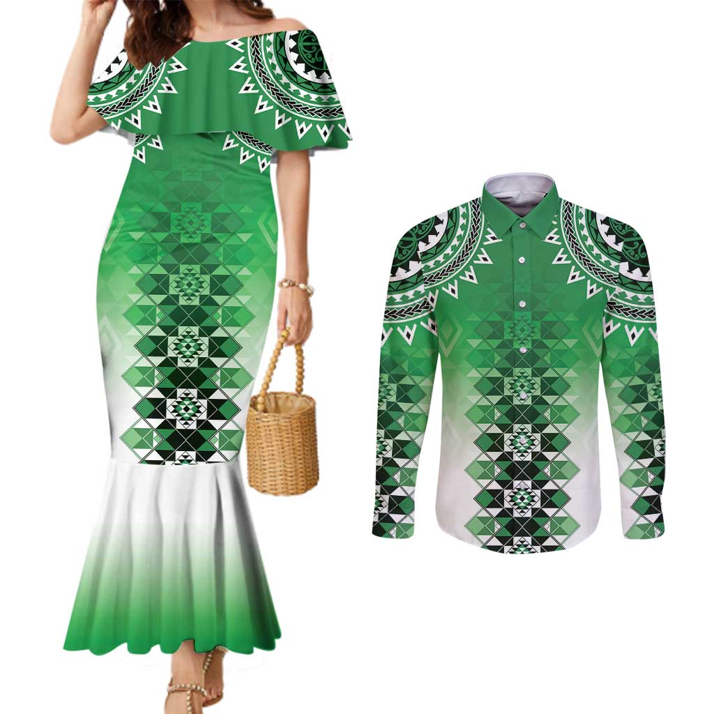 New Zealand Couples Matching Mermaid Dress and Long Sleeve Button Shirt Poutama Mix Green Taniko Inspired Art LT05 Green - Polynesian Pride