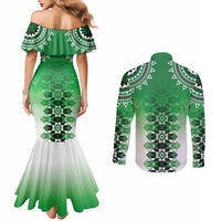 New Zealand Couples Matching Mermaid Dress and Long Sleeve Button Shirt Poutama Mix Green Taniko Inspired Art LT05 - Polynesian Pride