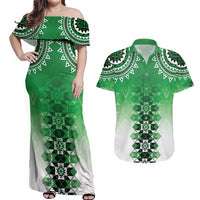 New Zealand Couples Matching Off Shoulder Maxi Dress and Hawaiian Shirt Poutama Mix Green Taniko Inspired Art LT05 Green - Polynesian Pride