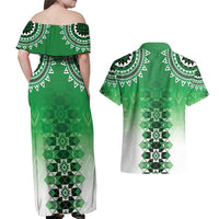 New Zealand Couples Matching Off Shoulder Maxi Dress and Hawaiian Shirt Poutama Mix Green Taniko Inspired Art LT05 - Polynesian Pride