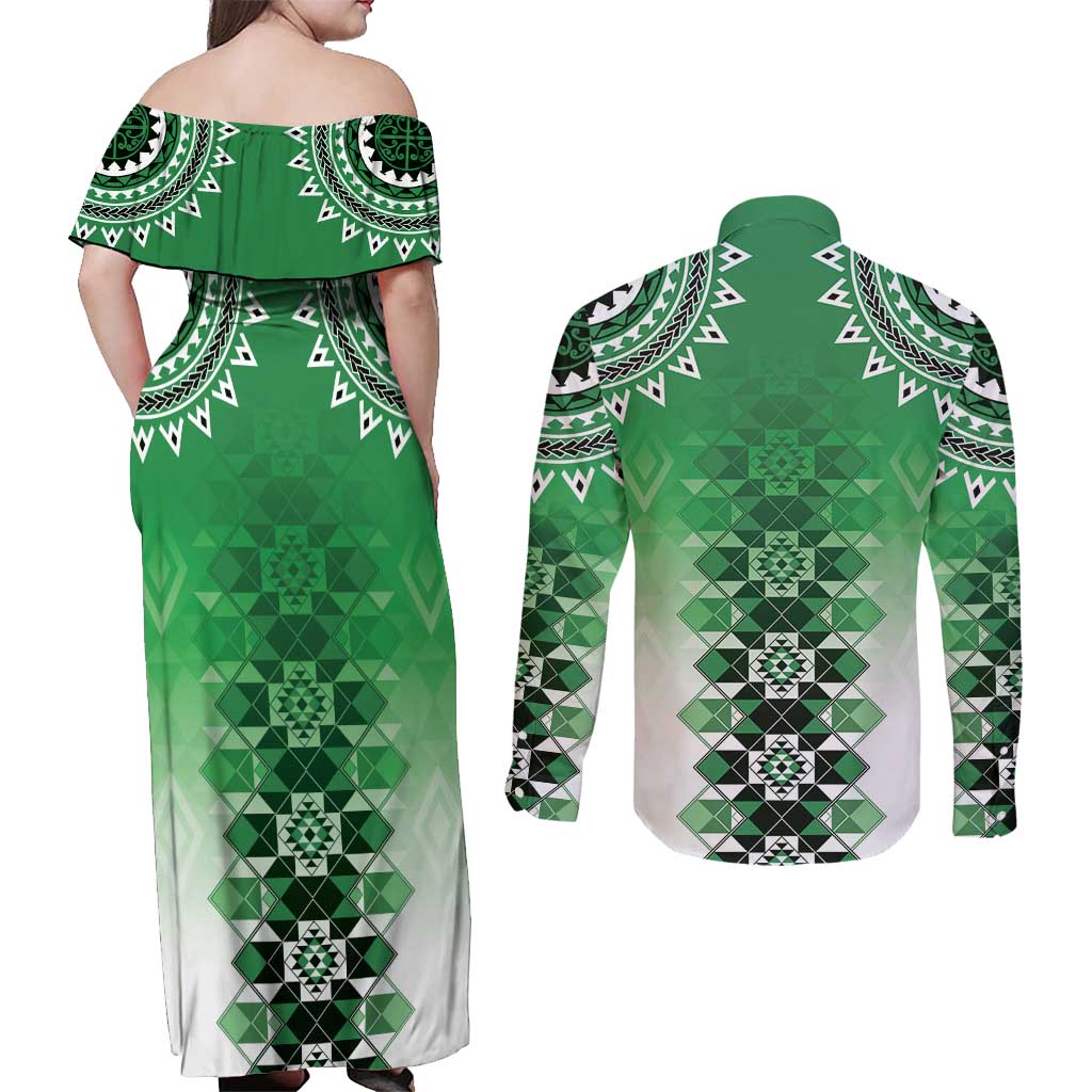 New Zealand Couples Matching Off Shoulder Maxi Dress and Long Sleeve Button Shirt Poutama Mix Green Taniko Inspired Art LT05 - Polynesian Pride
