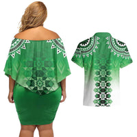New Zealand Couples Matching Off Shoulder Short Dress and Hawaiian Shirt Poutama Mix Green Taniko Inspired Art LT05 - Polynesian Pride