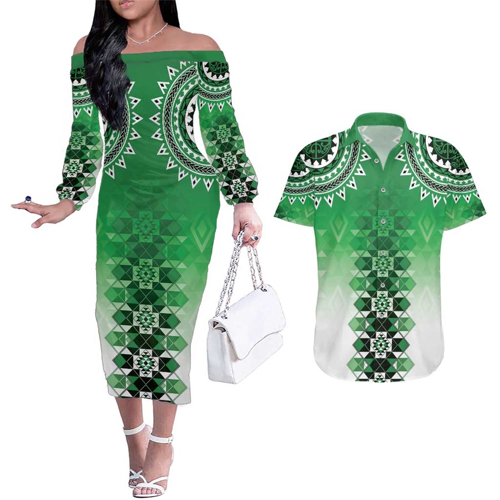 New Zealand Couples Matching Off The Shoulder Long Sleeve Dress and Hawaiian Shirt Poutama Mix Green Taniko Inspired Art LT05 Green - Polynesian Pride