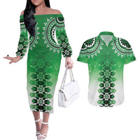 New Zealand Couples Matching Off The Shoulder Long Sleeve Dress and Hawaiian Shirt Poutama Mix Green Taniko Inspired Art LT05 Green - Polynesian Pride