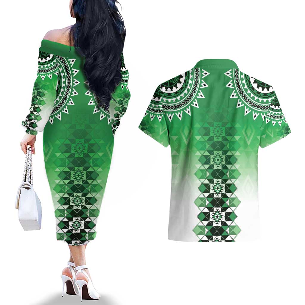 New Zealand Couples Matching Off The Shoulder Long Sleeve Dress and Hawaiian Shirt Poutama Mix Green Taniko Inspired Art LT05 - Polynesian Pride