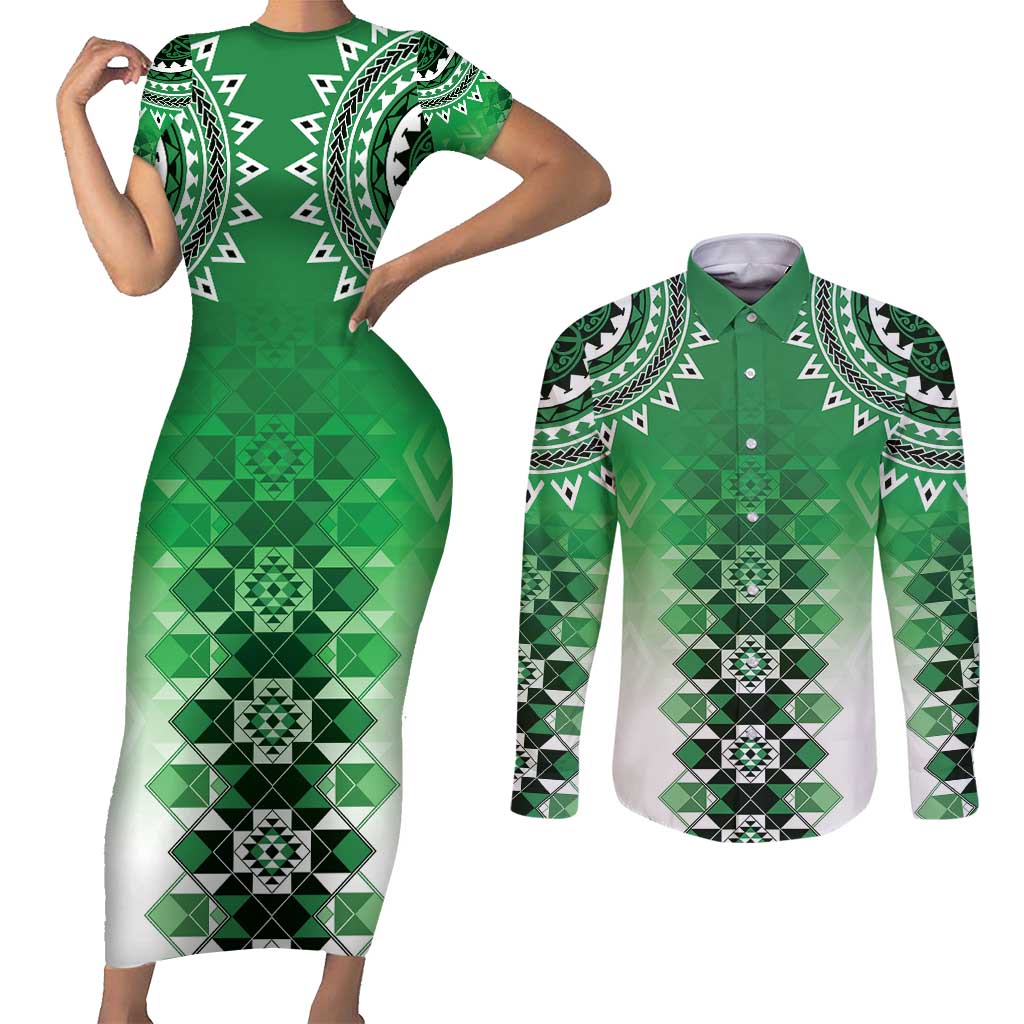 New Zealand Couples Matching Short Sleeve Bodycon Dress and Long Sleeve Button Shirt Poutama Mix Green Taniko Inspired Art LT05 Green - Polynesian Pride