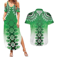 New Zealand Couples Matching Summer Maxi Dress and Hawaiian Shirt Poutama Mix Green Taniko Inspired Art LT05 Green - Polynesian Pride