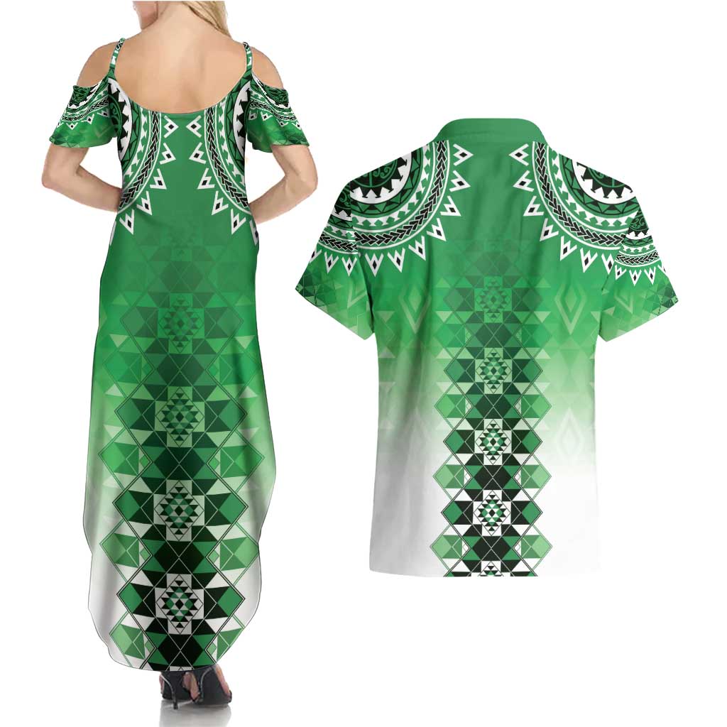 New Zealand Couples Matching Summer Maxi Dress and Hawaiian Shirt Poutama Mix Green Taniko Inspired Art LT05 - Polynesian Pride