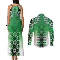 New Zealand Couples Matching Tank Maxi Dress and Long Sleeve Button Shirt Poutama Mix Green Taniko Inspired Art LT05 - Polynesian Pride