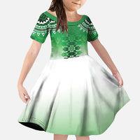 New Zealand Family Matching Long Sleeve Bodycon Dress and Hawaiian Shirt Poutama Mix Green Taniko Inspired Art LT05 Daughter's Dress Green - Polynesian Pride