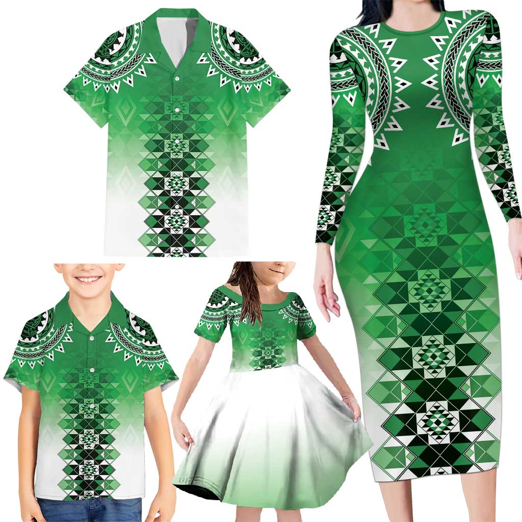 New Zealand Family Matching Long Sleeve Bodycon Dress and Hawaiian Shirt Poutama Mix Green Taniko Inspired Art LT05 - Polynesian Pride