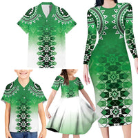 New Zealand Family Matching Long Sleeve Bodycon Dress and Hawaiian Shirt Poutama Mix Green Taniko Inspired Art LT05 - Polynesian Pride