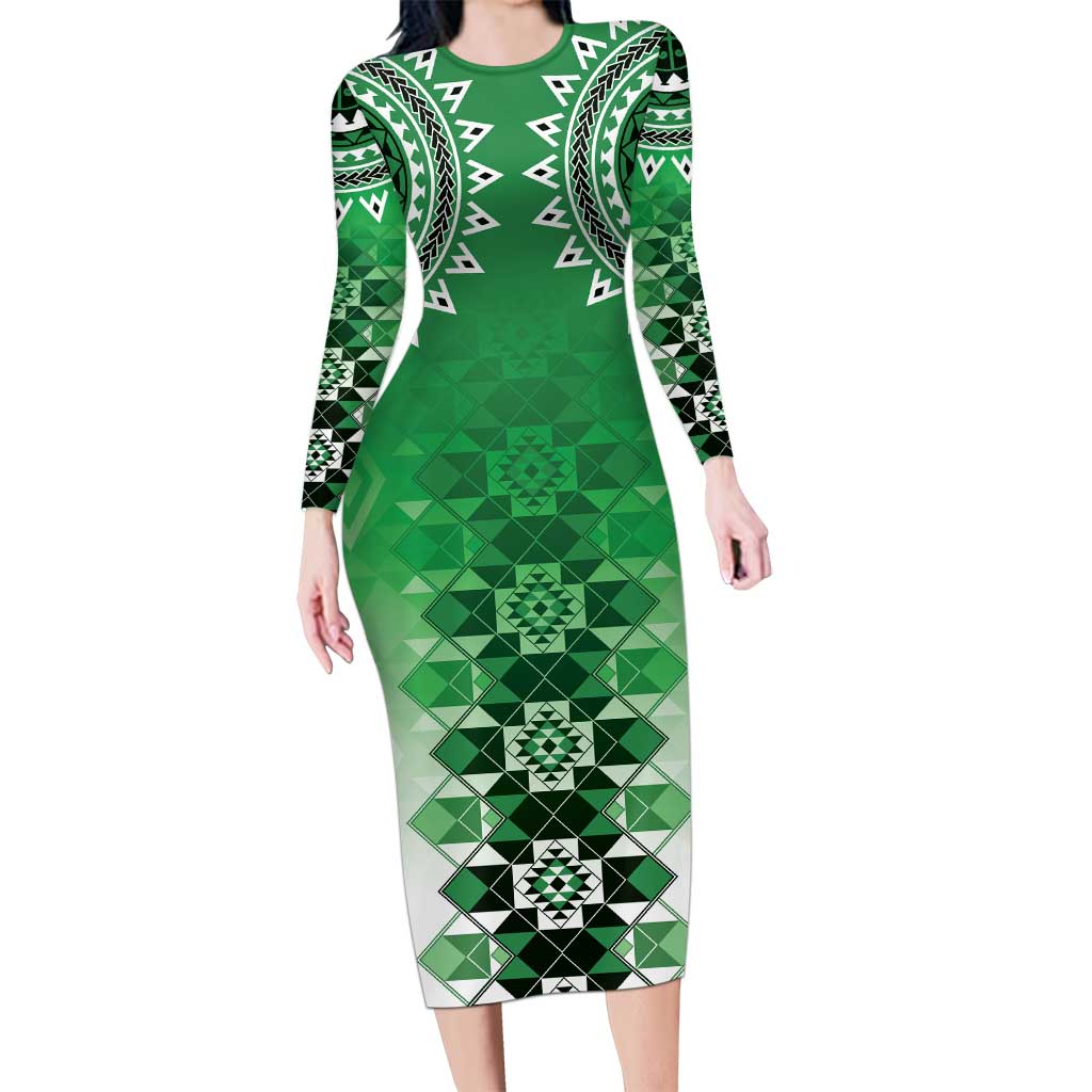 New Zealand Family Matching Long Sleeve Bodycon Dress and Hawaiian Shirt Poutama Mix Green Taniko Inspired Art LT05 Mom's Dress Green - Polynesian Pride