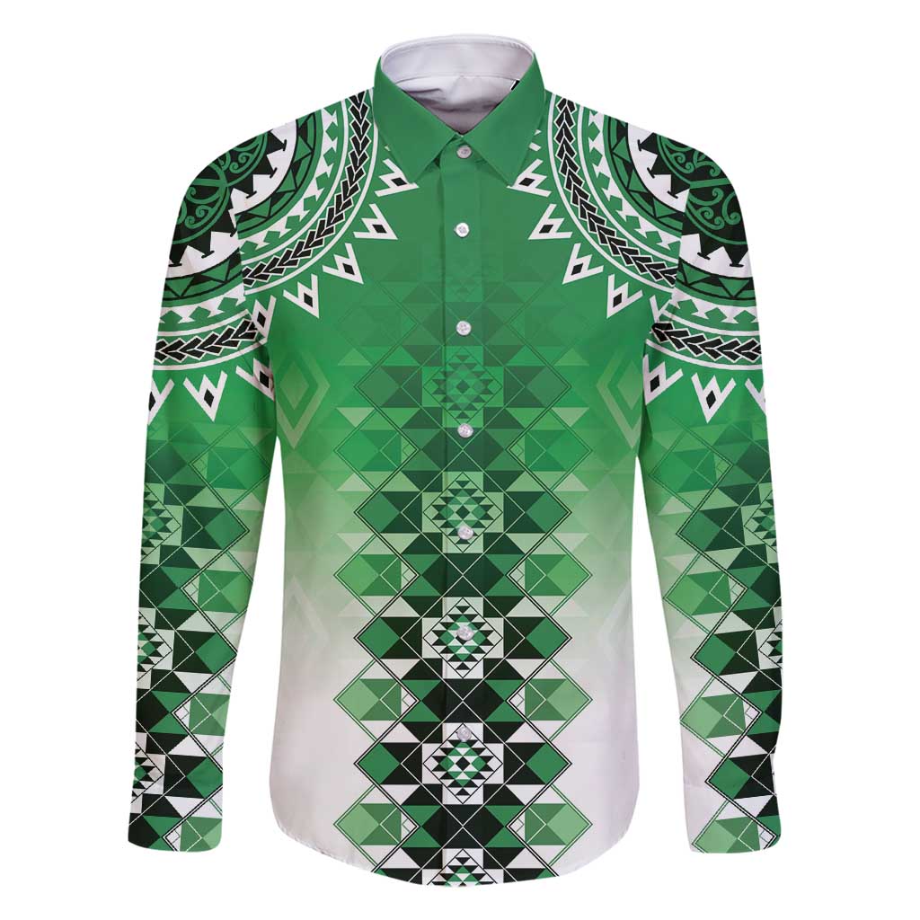New Zealand Family Matching Mermaid Dress and Hawaiian Shirt Poutama Mix Green Taniko Inspired Art LT05 Dad's Shirt - Long Sleeve Green - Polynesian Pride