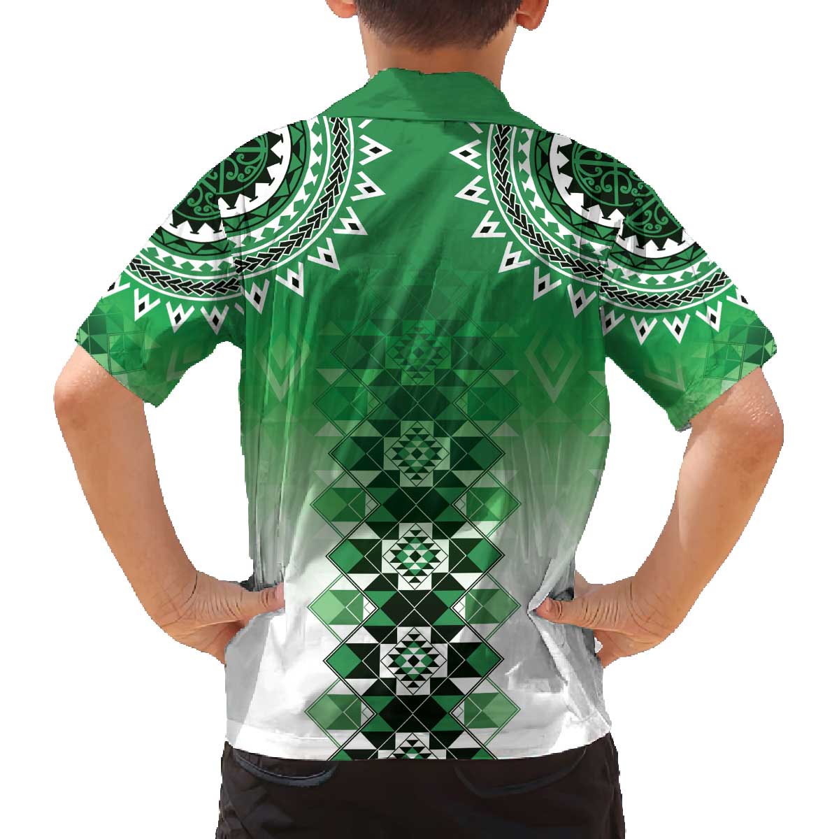 New Zealand Family Matching Off The Shoulder Long Sleeve Dress and Hawaiian Shirt Poutama Mix Green Taniko Inspired Art LT05 - Polynesian Pride