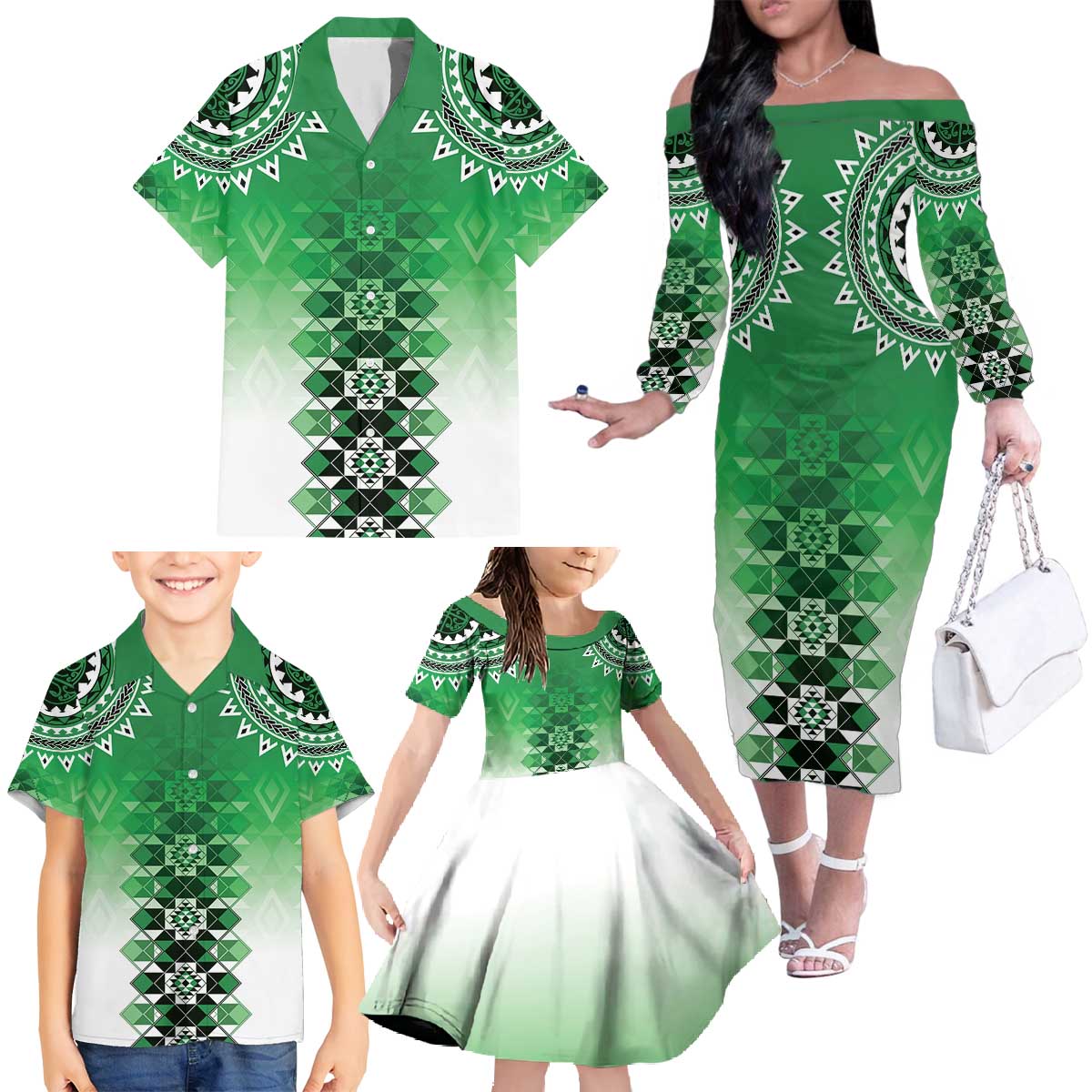 New Zealand Family Matching Off The Shoulder Long Sleeve Dress and Hawaiian Shirt Poutama Mix Green Taniko Inspired Art LT05 - Polynesian Pride