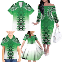 New Zealand Family Matching Off The Shoulder Long Sleeve Dress and Hawaiian Shirt Poutama Mix Green Taniko Inspired Art LT05 - Polynesian Pride