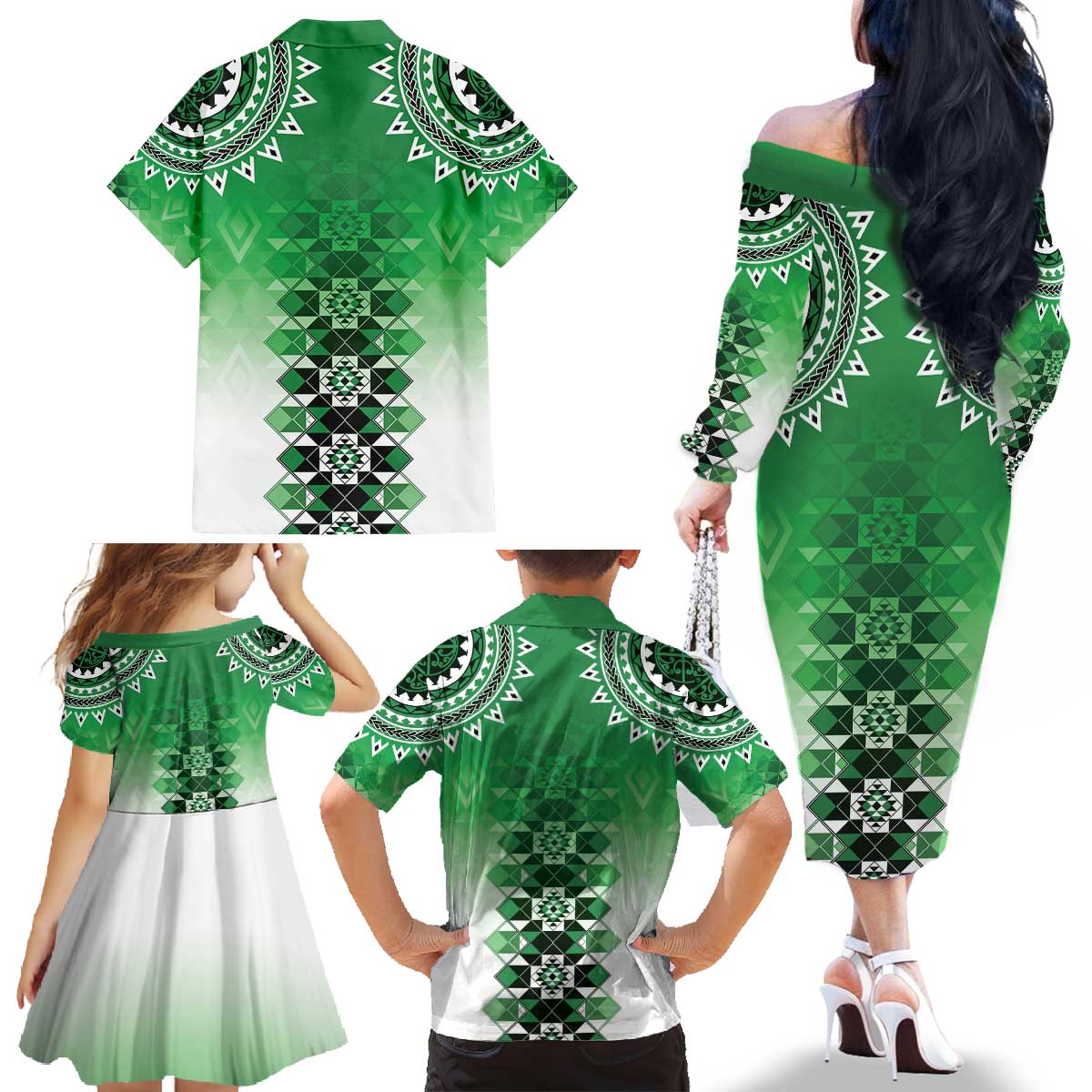 New Zealand Family Matching Off The Shoulder Long Sleeve Dress and Hawaiian Shirt Poutama Mix Green Taniko Inspired Art LT05 - Polynesian Pride