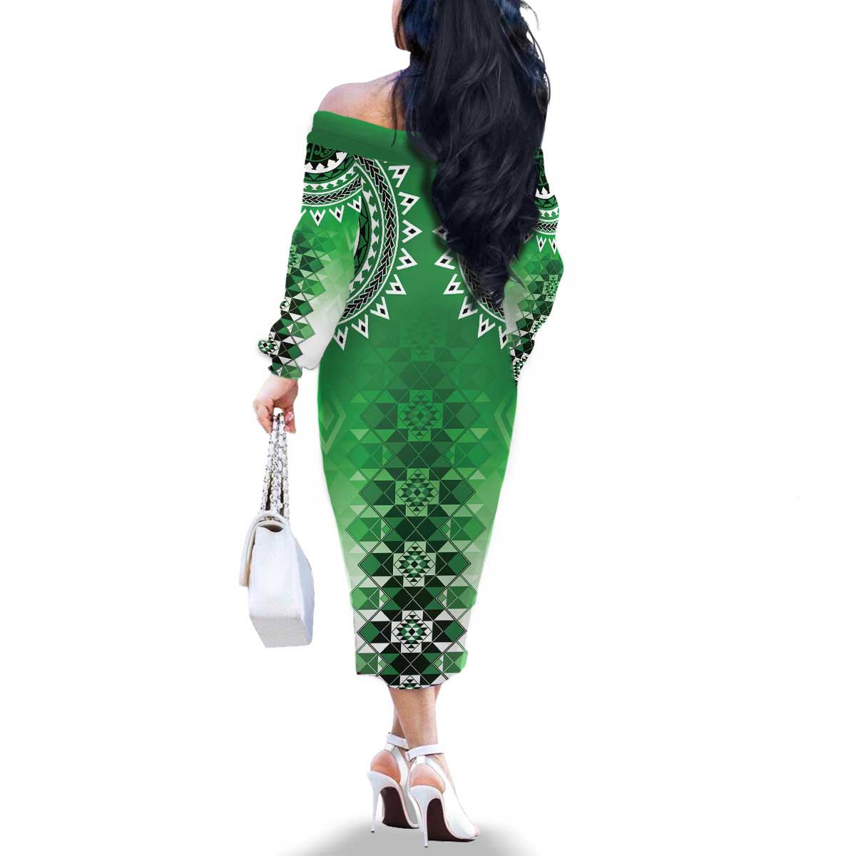 New Zealand Family Matching Off The Shoulder Long Sleeve Dress and Hawaiian Shirt Poutama Mix Green Taniko Inspired Art LT05 - Polynesian Pride