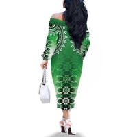New Zealand Family Matching Off The Shoulder Long Sleeve Dress and Hawaiian Shirt Poutama Mix Green Taniko Inspired Art LT05 - Polynesian Pride