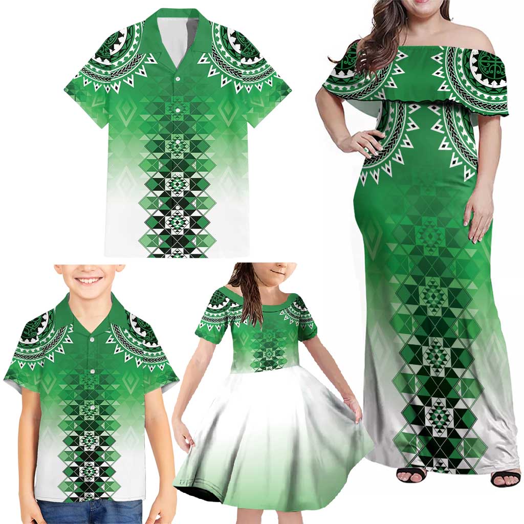 New Zealand Family Matching Off Shoulder Maxi Dress and Hawaiian Shirt Poutama Mix Green Taniko Inspired Art LT05 - Polynesian Pride