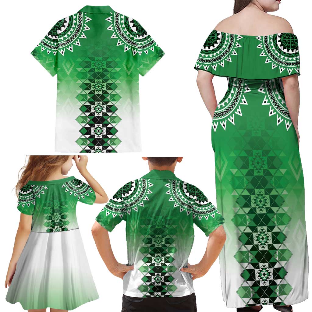 New Zealand Family Matching Off Shoulder Maxi Dress and Hawaiian Shirt Poutama Mix Green Taniko Inspired Art LT05 - Polynesian Pride
