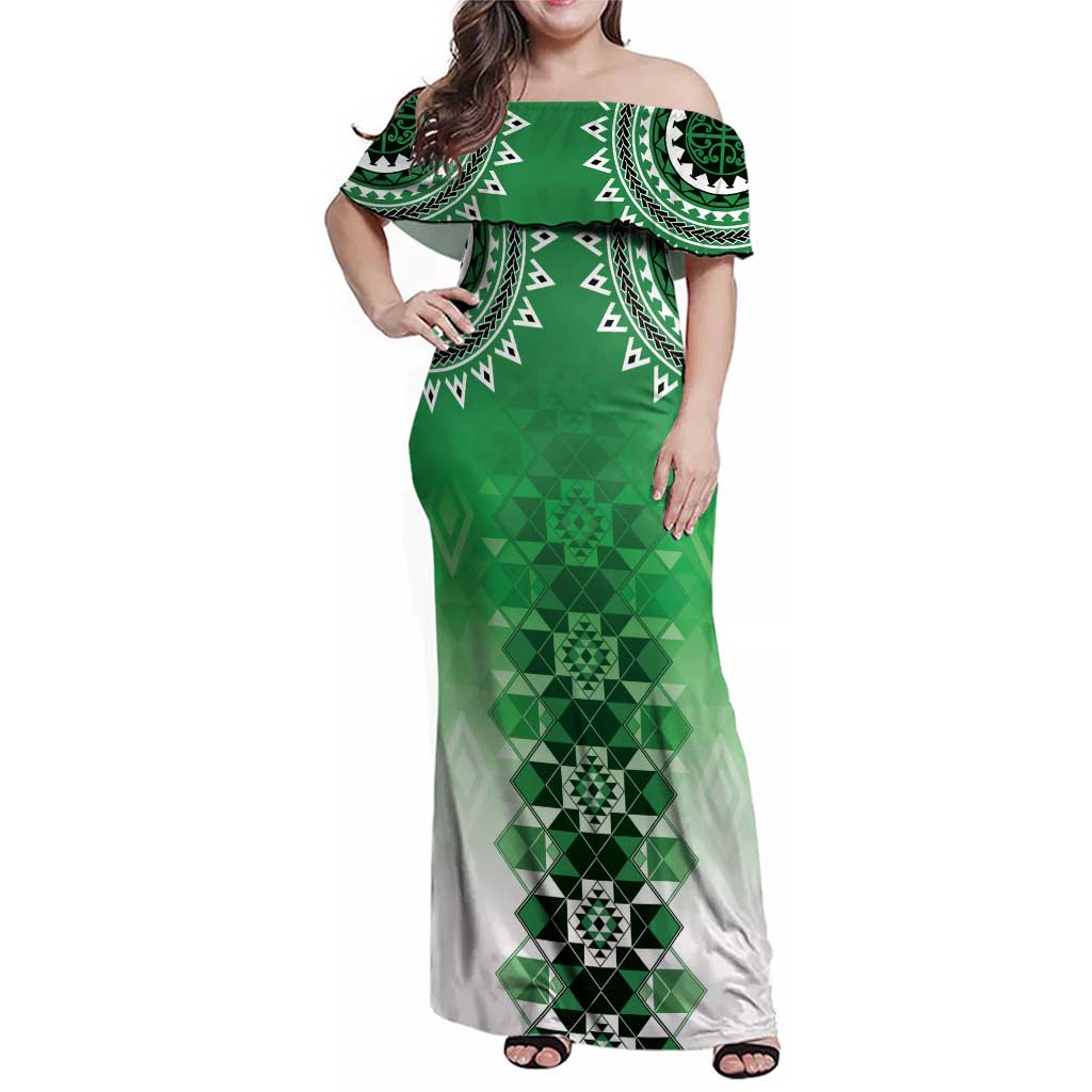New Zealand Family Matching Off Shoulder Maxi Dress and Hawaiian Shirt Poutama Mix Green Taniko Inspired Art LT05 Mom's Dress Green - Polynesian Pride