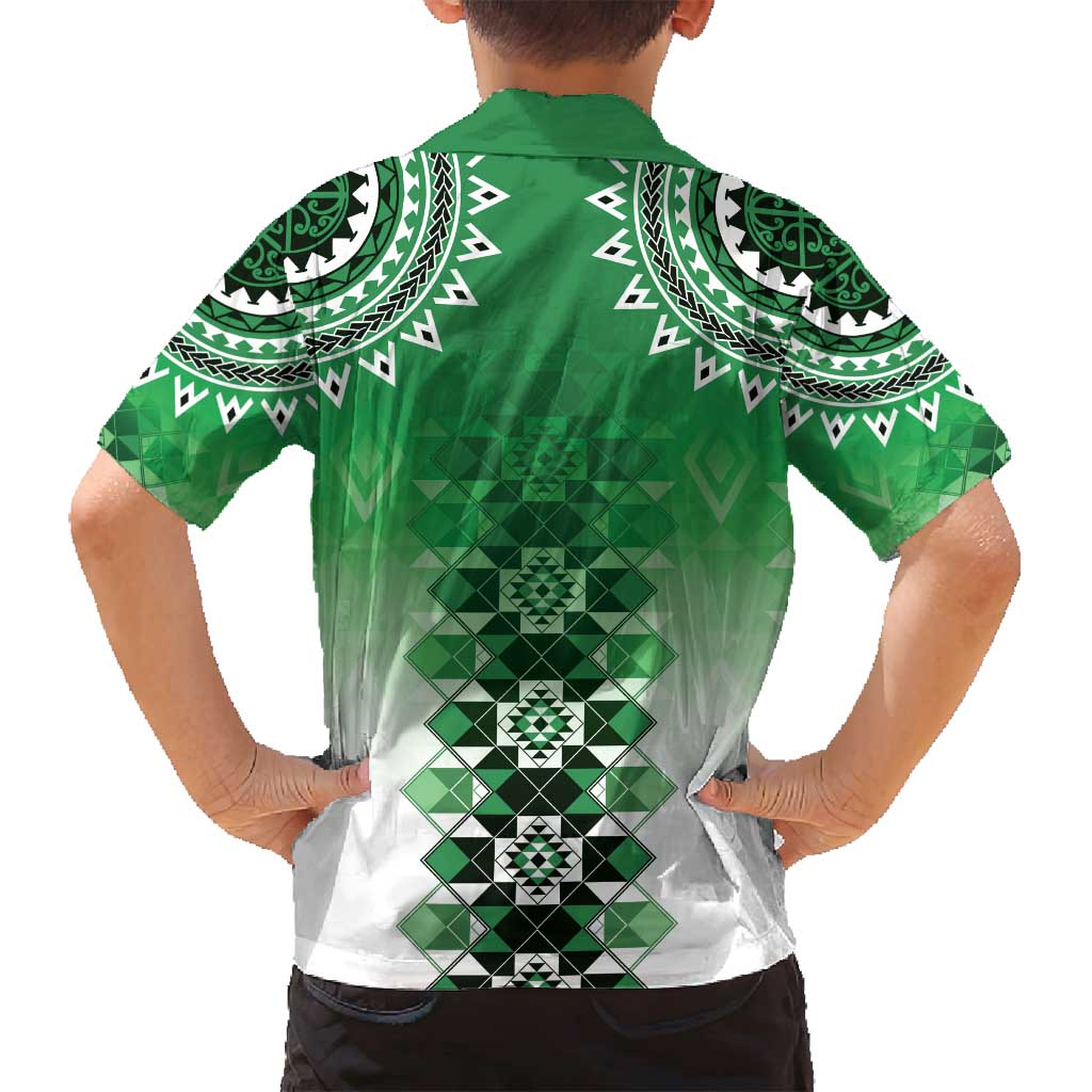 New Zealand Family Matching Off Shoulder Short Dress and Hawaiian Shirt Poutama Mix Green Taniko Inspired Art LT05 - Polynesian Pride