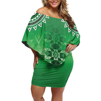 New Zealand Family Matching Off Shoulder Short Dress and Hawaiian Shirt Poutama Mix Green Taniko Inspired Art LT05 Mom's Dress Green - Polynesian Pride