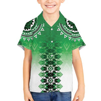 New Zealand Family Matching Off Shoulder Short Dress and Hawaiian Shirt Poutama Mix Green Taniko Inspired Art LT05 Son's Shirt Green - Polynesian Pride